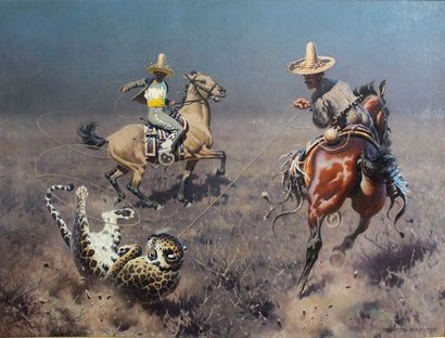 Hugo UNGEWITTER (1869 - 1944) Cavaliers mexicains capturant un léopard, 1921 Huile...