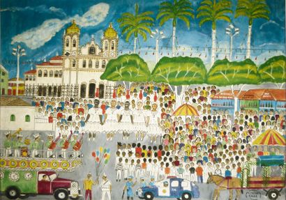 Alfredo CRUZ (XXe siècle) La fête nationale. Peinture sur toile marouflée sur panneau...