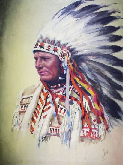 Ecole française ou américaine vers 1900 Portrait de chef sioux Huile sur toile signée...