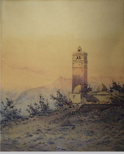 Alphonse REY (1863-1938) Mosquée Tkout à Aurés. Aquarelle située en bas à droite...