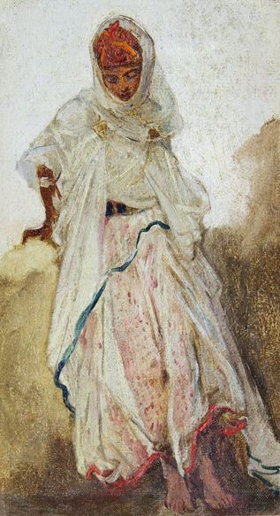 École du XIXe siècle Jeune femme arabe en costume traditionnel. Huile sur toile....