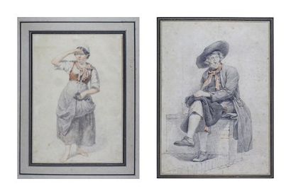 DE HANE (début XIXe siècle) 
Couple de paysans
Deux dessins aux trois crayons signés...