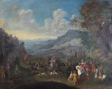 Jan Frans I VAN BREDAEL attribué à (1686 - 1750) 
Hallali au cerf dans un paysage.
Huile...