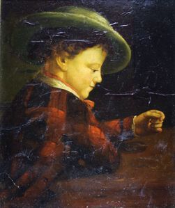 École du XIXe siècle 
Portrait d'enfant.
Huile sur toile (restauration importante).
45...