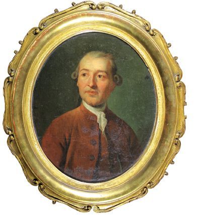 Ecole du XVIIIe 
Portrait d'homme à la cravate blanche et redingote rouge.
Huile...