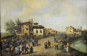 Ecole Italienne du XIXe siècle 
Le marché sur la place d'un village.
Papier marouflé...