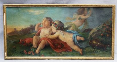 Ecole Italienne du XVIIIe siècle 
Les anges.
Importante huile sur toile.
68 x 142...