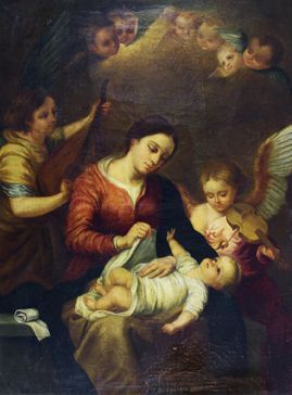 ECOLE DU XVIIIe SIÈCLE 
Vierge à l'enfant.
Huile sur toile. (déchirure au centre).
71...