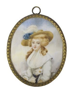 Ecole du XIXème siècle 
Portrait d'élégante au chapeau.
Miniature sur ivoire à vue...