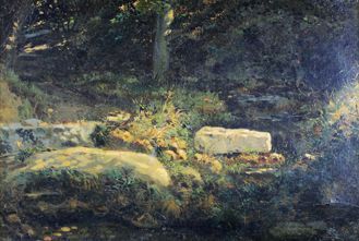Alexandre CALAME (1810 - 1864) 
Sous-bois ensoleillé.
Huile sur toile signée en bas...