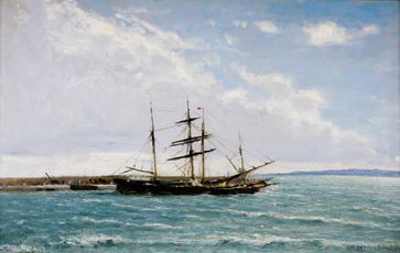 Victor DE PAPELEN (1810 - 1881) 
Marine à Saint Raphaël.
Huile sur papier marouflée...