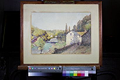 Ernest DESIGNOLLE (1850 - 1941) 
Paysage lacustre.
Aquarelle sur papier signé en...