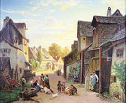 Carl SPITZWEG (1808 - 1885) 
Rue de village.
Huile sur toile. Cartouche sur le cadre.
38...