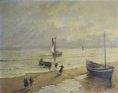 J. GUERARD (Ecole fin XIXe - début XIXe siècle) 
Retour de pêche sur la plage en...