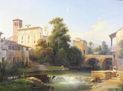 Ecole Italienne du XIXe siècle 
Deux paysages animés.
Deux huiles sur toile.
41 x...
