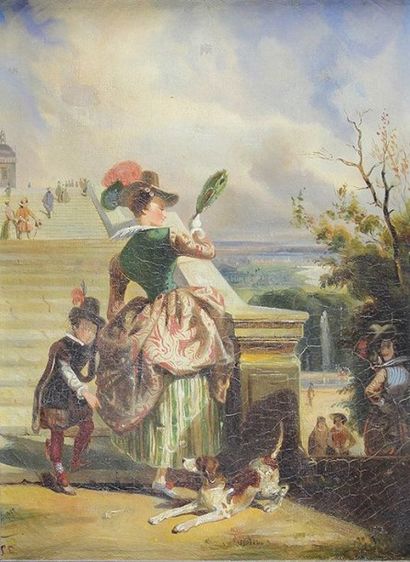 Jules Jean-Baptiste 
Dame de cour et son page gravissant l'escalier du pavillon Henri...