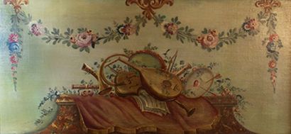 ECOLE FRANCAISE XIXe siècle 
Trophée d'instruments de musique.
Huile sur panneau.
48...