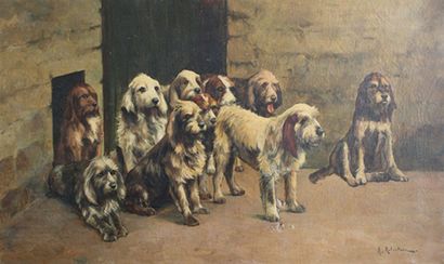 A. ROBERTSON (XIXe siècle) 
La meute.
Huile sur toile signée en bas à droite.
55...