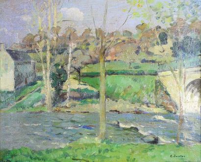 Edmond QUINTON (1892-1969) 
Bord de rivière.
Huile sur toile signée en bas à droite.
46,5...