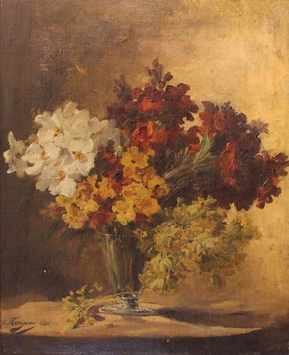 École du XIXe siècle 
Nature morte au bouquet de fleurs.
Huile sur toile.