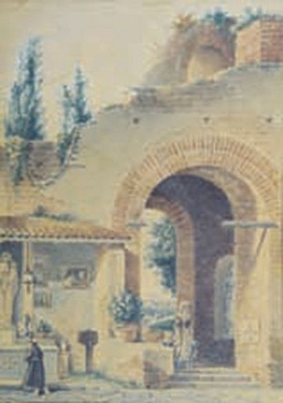 Jean Victor NICOLLE (1754 - 1826) 
Un oratoire dans la ville d'Hadrien à Tivoli.
Aquarelle....