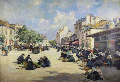 Fernand Marie Eugène LEGOUT-GÉRARD (1856 - 1924) 
Marché en Bretagne.
Huile sur toile...