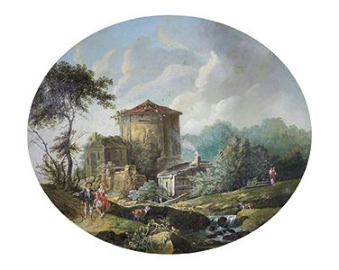 Ecole du XVIIIe siècle d'après Boucher 
Paysage animé.
Huile sur toile à vue ovale...