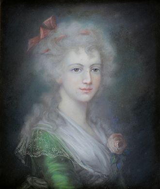 ECOLE DU XVIIIe SIÈCLE 
Elégante à la robe verte.
Pastel.
65 x 55 cm.