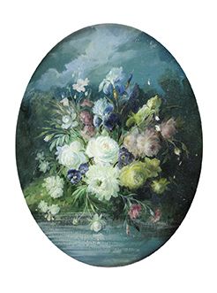 École du XIXe siècle 
Nature morte au bouquet de fleurs.
Huile sur toile à vue ovale...