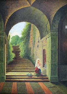 École du XIXe siècle 
Jeune femme en prière devant la Vierge.
Huile sur toile.
46...