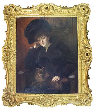 Richard HALL (1857 - 1942) 
Portrait d'élégante au chien, 1900.
Huile sur toile signée...