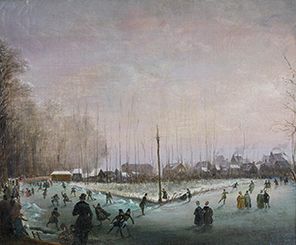 VAN IMSCHOT (?) Ecole flamande du XIXe siècle 
Les patineurs.
Huile sur toile. Attribution...