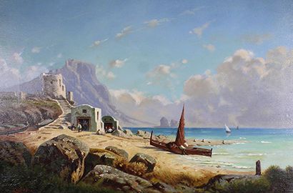 Lucien FABRE (Ecole du XIXe siècle) 
Bateau de pêche en Italie.
Huile sur toile signée...