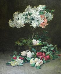 Léonie BARILLOT-BONVALET (? - 1901) 
Roses et azalées.
Huile sur toile signée en...