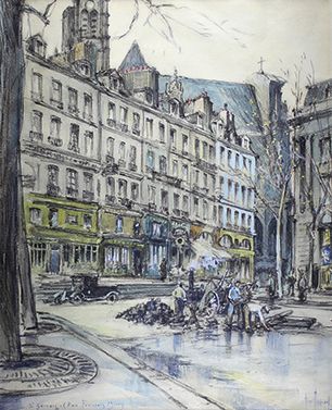 Émile APPAY (1876 - 1935) 
La rue Miron.
Pastel gras, pierre noire et aquarelle....