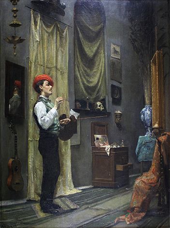 Frédéric RINGEL (XIXe siècle) 
Artiste dans son atelier.
Huile sur panneau signé...