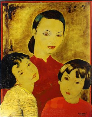 Alix AYME (1894 - 1989) Vietnamienne et ses filles.
Panneau de laque réhaussé d'or....