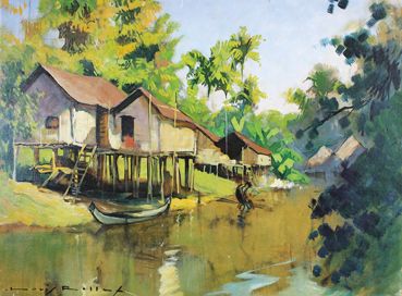 Louis ROLLET (1895 - 1988) Maison sur pilotis au bord d'une rivière.
Huile sur carton,...