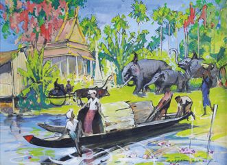 Louis ROLLET (1895 - 1988) Près de la porte de la victoire, Angkor.
Gouache signée...