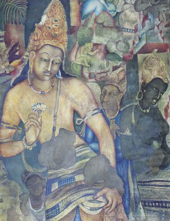 Travail Indien Fresque d'AJANTA.
Gouache portant inscription en bas à droite.
51...