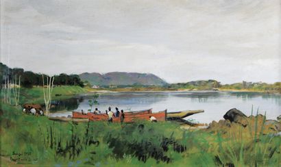 Paul-Émile BÉCAT (1885 - 1960) Les barques rouges, Bangui 1933.
Peinture sur panneau...