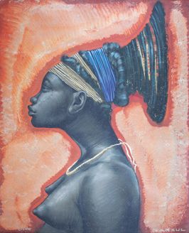 NARZUL (XXe siècle) Femme Mangbetou.
Gouaches et gravure sur métal. Signée en bas...