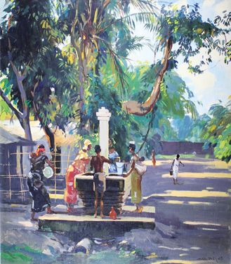 Guilherme MARQUES D'OLIVEIRA (1887 - 1960) La fontaine, 1943.
Huile sur toile signée...