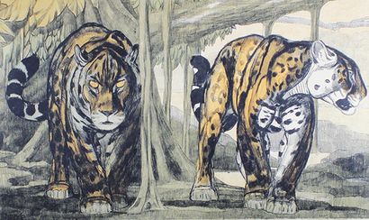 Paul JOUVE (1878 - 1973) Les deux jaguars
Lithographie originale, en couleur. Épreuve...