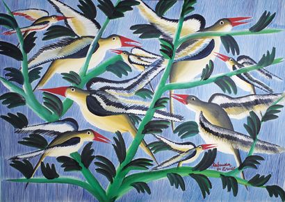 KABINDA Les oiseaux branchés, 1960.
Huile sur toile signée, datée et située «E. VILLE»...