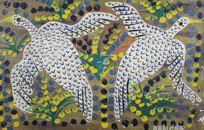 KABINDA Couple d'oiseaux.
Peinture sur toile marouflée sur panneau signée en bas...