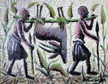 Kibwanga MWENZE (1925 - 1999) Retour de chasse, 1960.
Huile sur toile signée en bas...