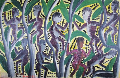 Kibwanga MWENZE (1925-1999) Les cueilleurs, circa 1955.
Huile sur toile marouflée...