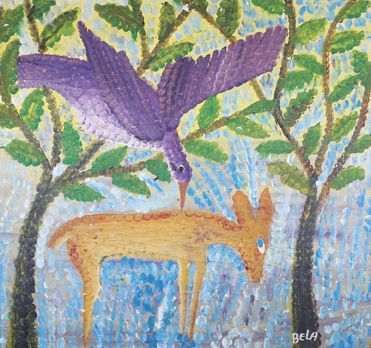 BELA (1940-1968) L'oiseau et l'antilope.
Huile sur toile marouflée sur panneau signé...