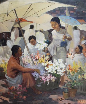 MANIKARA MANIKARA (XIXe - XXe siècle) Marché aux fleurs.
Huile sur toile signée en...